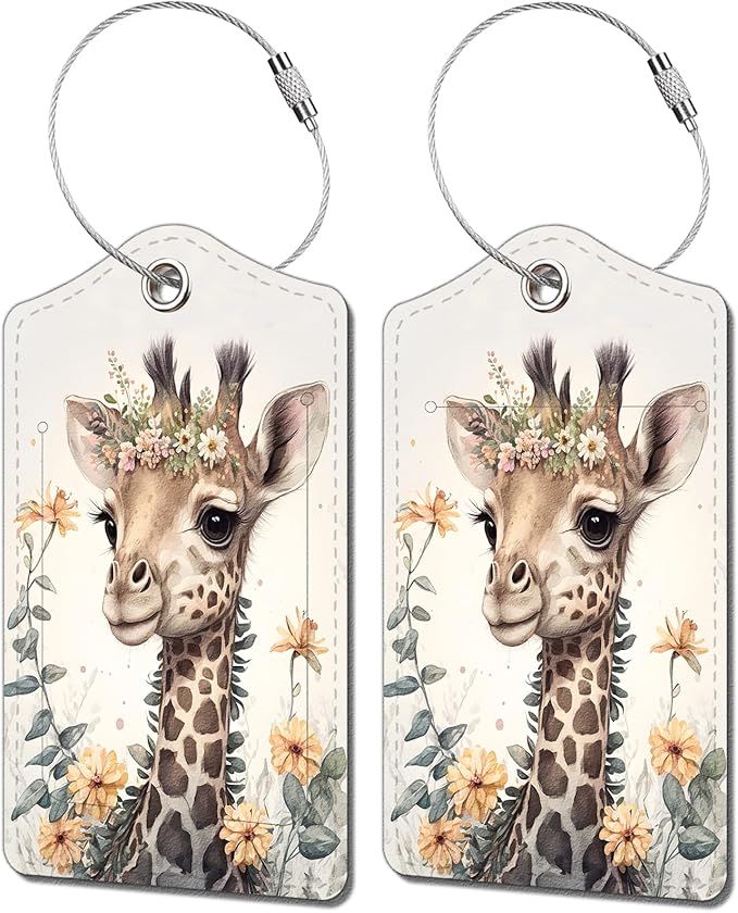 2 Pack Luggage Tag for Suitcase, Cute Unique Leather Bag Tags Identifiers Privacy Cover ID Label with Durable Steel Loop for Women Men Kids Girls Travel，GiraffeH