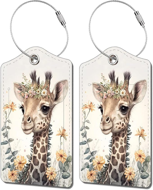 2 Pack Luggage Tag for Suitcase, Cute Unique Leather Bag Tags Identifiers Privacy Cover ID Label with Durable Steel Loop for Women Men Kids Girls Travel，GiraffeH