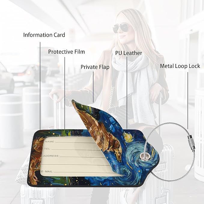2 Pack Luggage Tags for suitcases Starry Night Dog TSA Approved Label Luggage Tag Baggage Tag Leather Stainless Steel Loop Label Tag for Men Women Travel Bag Suitcase