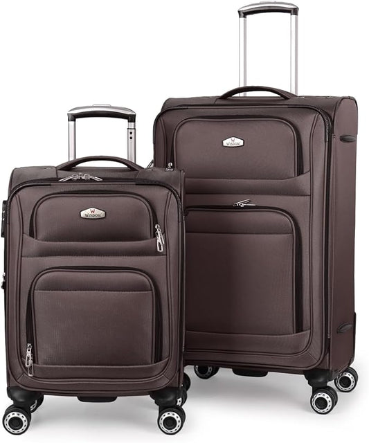 Softside Luggage Sets 2 Piece,Expandable 15% Lightweight Durable Suitcase Sets Double Spinner Wheels w/Combination LOCK （Coffee,20in/26in）