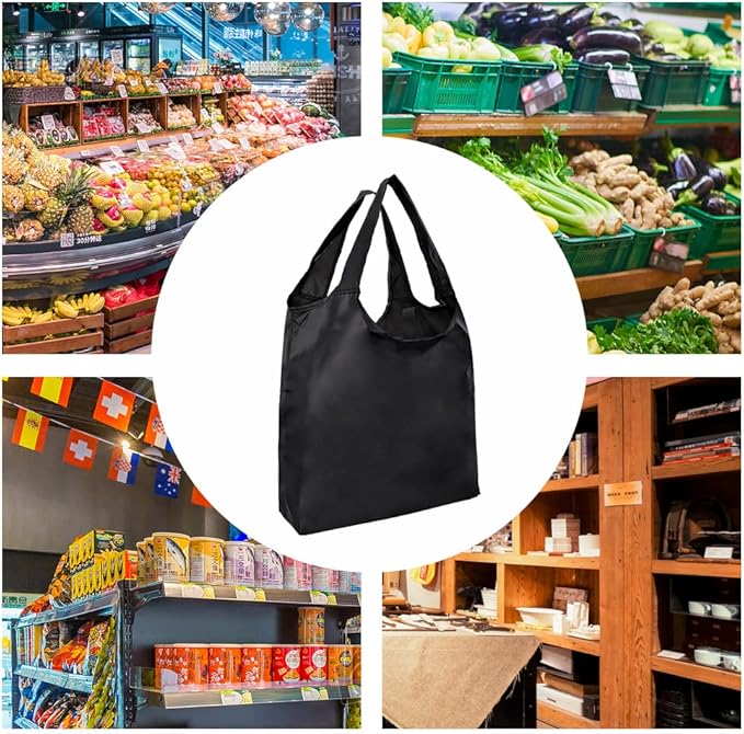 Aricsen 20 Pack Durable Folding Large Kitchen Reusable Shopping Bags with Handles Bulk, Recycle Foldable Grocery Washable into Pocket Portable Nylon Tote, Polyester Cloth, Black Fabric