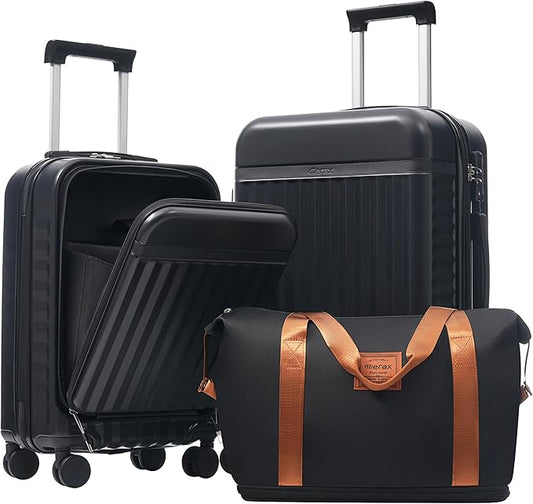 Merax Luggage Sets 3 Piece,Front Open Hardshell Expandable Suitcase with Spinner Wheels and Duffel Bags,Lightweight Carry on Luggage with USB Port,20/24IN,Black