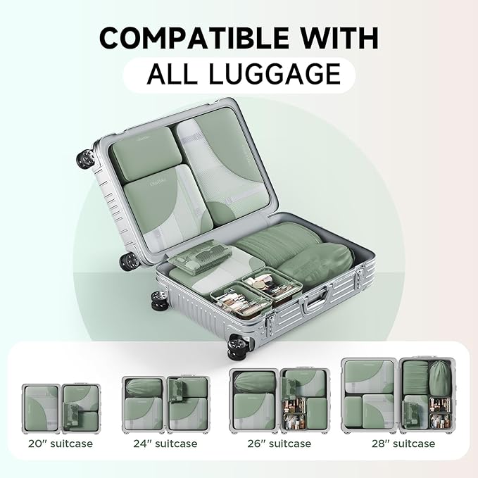 11 Set Packing Cubes for Travel, Gifts for Women Mom Kids, TSA Approved Bags for Makeup, Cosmetic, Toiletry, Suitcase Organizers for Checked Luggage,Cruise Essentials,Airplane Accessories,Matcha Green