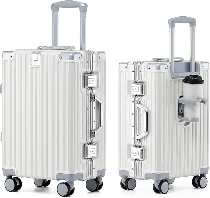 HotWay 24 Inch Aluminum Frame Luggage with Spinner Wheels, PC Hard Shell Suitcase with Cup Holder, Zipperless Luggage for Business Travel, White