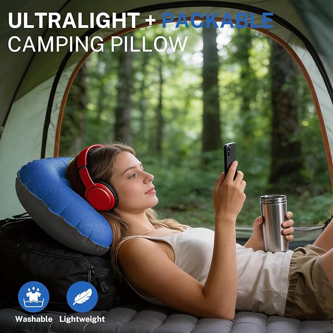 Camping Pillow-Compressible, Ultralight Inflatable,Compact, Comfortable, Ergonomic Inflating Pillows for Neck & Lumbar Support While Camp, Hiking(Navy Blue,with Anti Slip Straps)