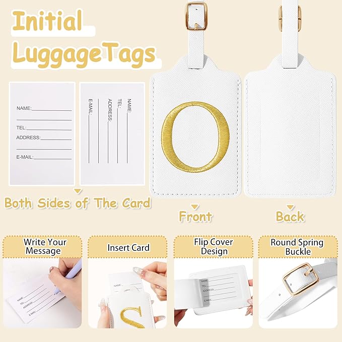 Initial Letter Luggage Tags for Suitcases, Personalized Embroidered Letter Luggage Bag Suitcase Identifier Name Tag, Cute PU Leather Travel Luggage Tags, Bag Tags for Luggage Handbags(White O)
