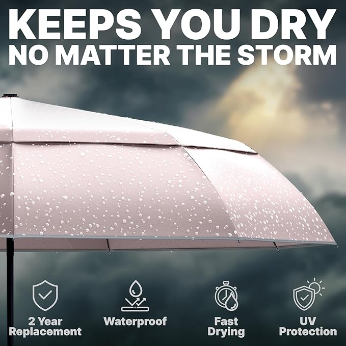 Royal Walk Windproof Folding Travel Umbrella Compact and Strong Luxurious Real Wood Handle Automatic Open Close Vented Double Canopy for Men and Women (Beige)