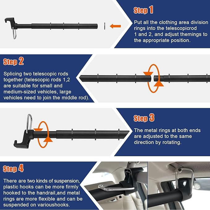 Car Clothes Hanger Bar, 30-63 Inches Expandable Heavy Duty Car Clothes Rack for Car Travel - Adjustable Clothes Storage Hanger Automotive Travel Hanging Rack for Most Cars,Trucks,SUVs,Road Travelers