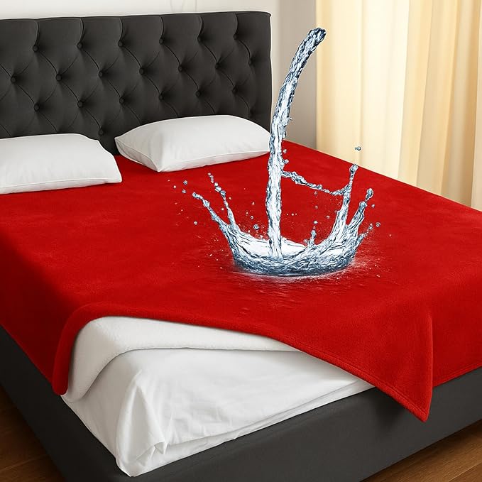 Waterproof Blanket and Stain Proof, Queen Size 80'' x 60'' Double Side Leakproof Reversible Sherpa Flannel Fleece 3 Layer Lightweight Red Blanket, Absorbs 50oz