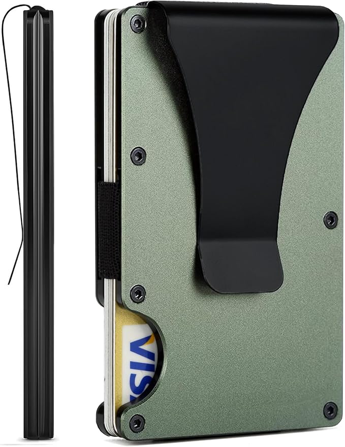 Carbon Fiber Minimalist Wallet for Men Credit Card Holder Money Clip & Cash Strap Slim RFID Mens Wallets(Matt Green)