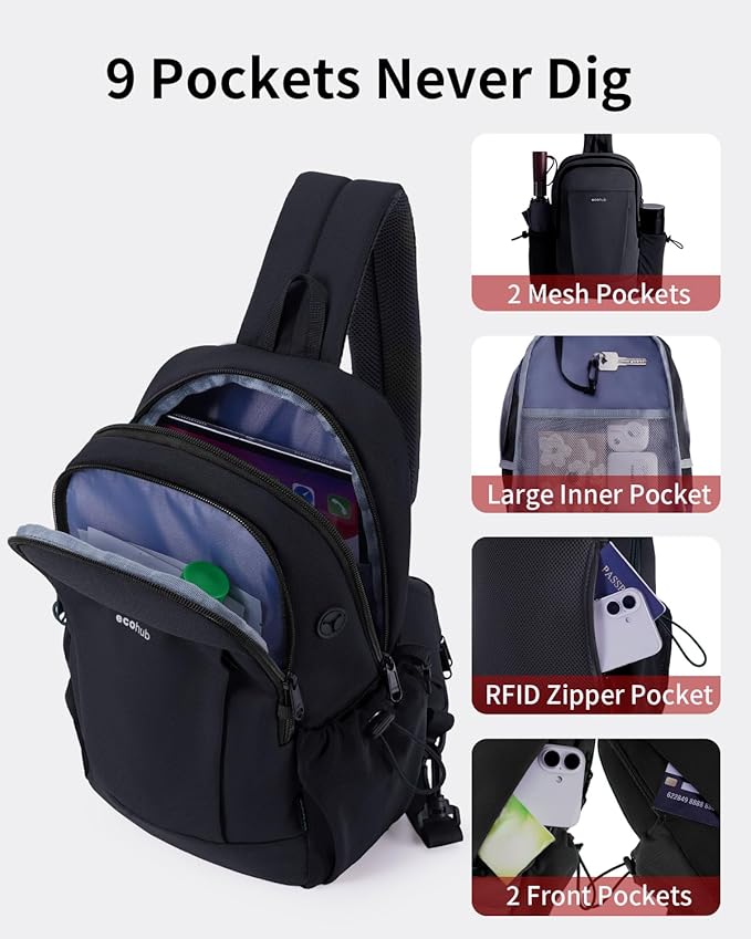 ECOHUB Anti-Theft Crossbody Bag Men Women, RFID Blocking Lightweight Sling Backpack Eco-Friendly with 9 Pockets Sturdy SBS Zippers Water Resistant for Travel Work Hiking Outdoor, Black