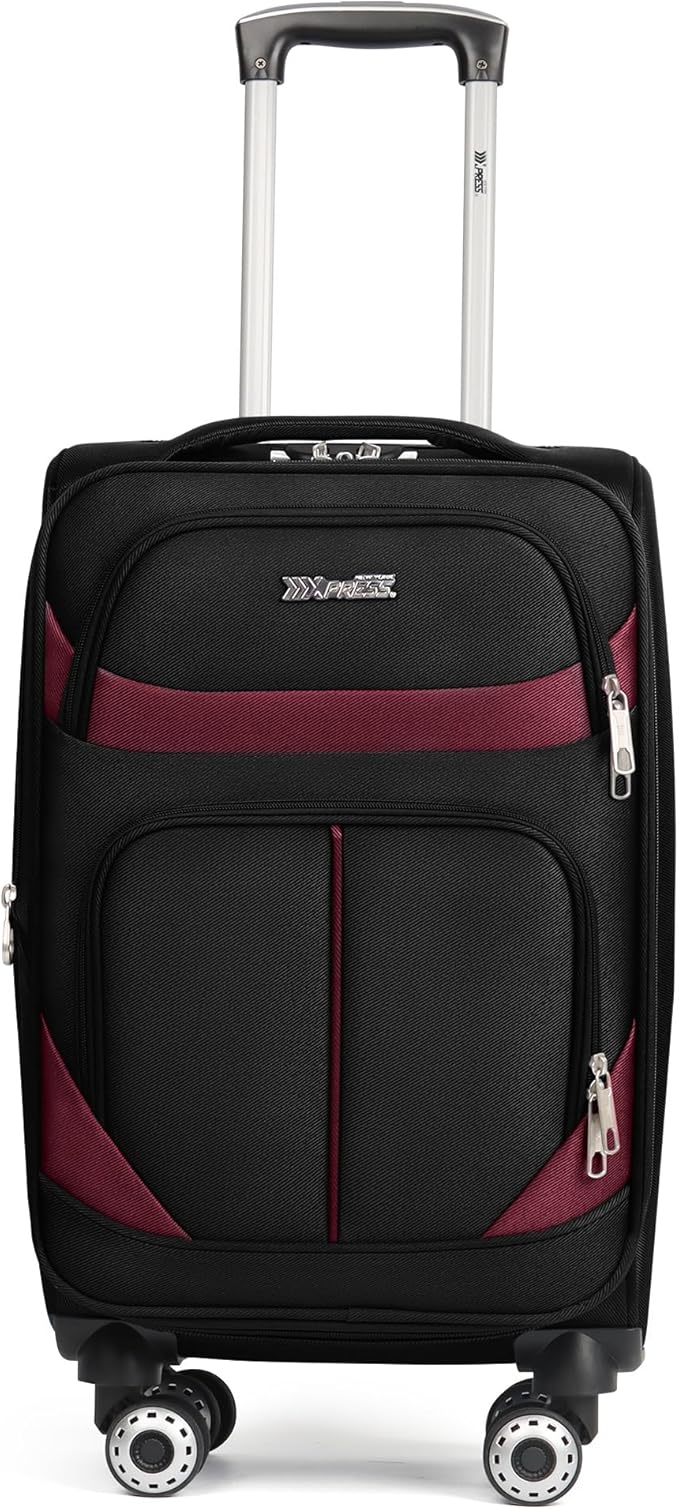 24'' Softside Expandable 15% Rolling Luggage with Double Spinner Wheels & w/LOCK,Lightweight Travel Luggage for Men Women（Black-Burgundy,24in）