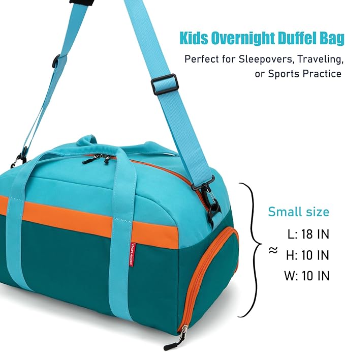 HawLander Kids Duffle Bag for Boys or Girls, Fit Sports Practice, or Overnight Travel Weekend (Blue Green)