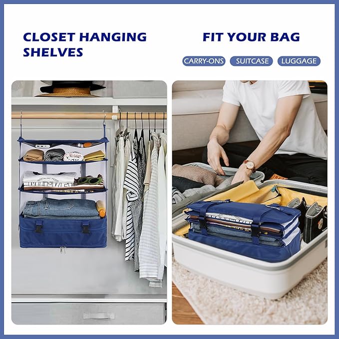 Surblue Hanging Closet Storage Bag Collapsible 3-Shelf Washable Oxford Fabric with 2 Hooks (XL 17.71 * 11.81 * 20in, Blue)