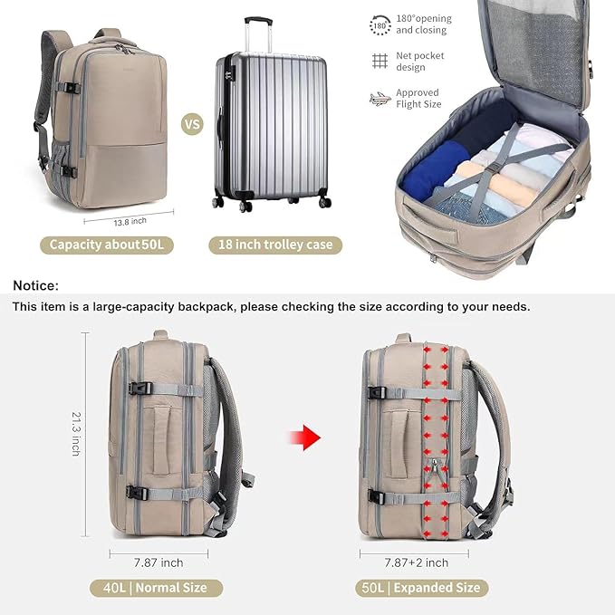 MOLNIA 50L Expandable Travel Backpack for Women Men, Carry On Travel Essentials, Flight Approved Fits 21 Inch Laptop Backpack, Waterproof Business Suitcase Weekender Backpack, Beige