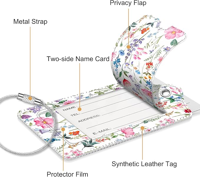 Fintie Luggage Tags, Privacy Cover ID Label with Stainless Steel Loop and Address Card for Travel Bag Suitcase, Polychrome Blooms (2 Piece)