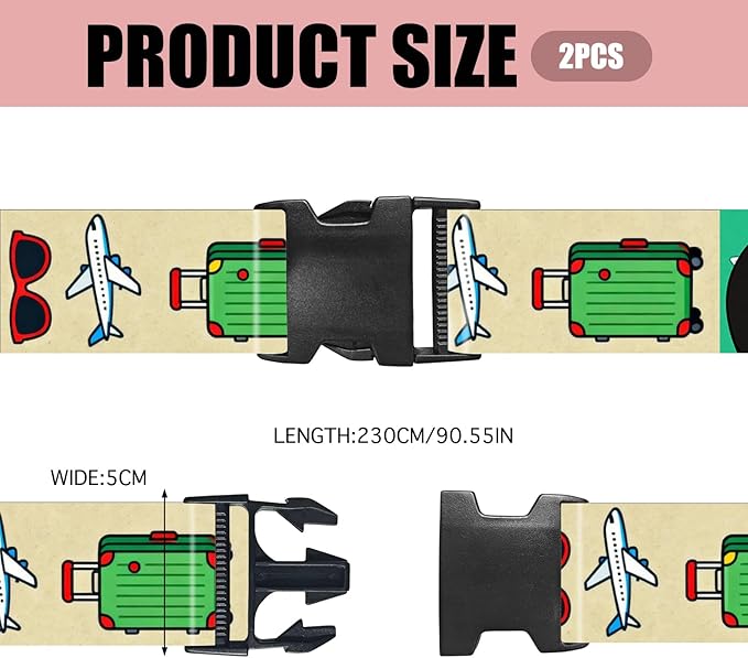 Nuxovilar Luggage Straps of 2 Set Sunglasses Airplane Suitcase Pattern, 1.96x90.5 inches - Luggage Straps for Suitcases, Perfect for Travel, Business Trips, Vacation