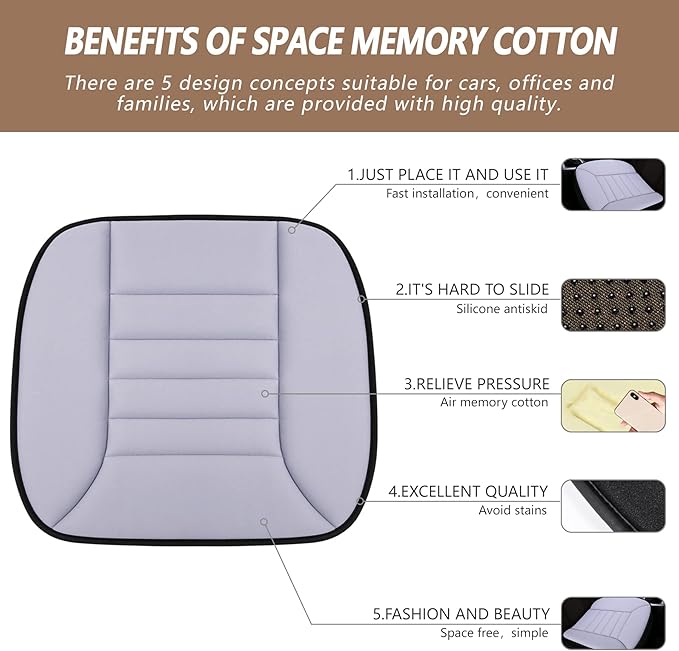MYFAMIREA Car Seat Cushion Pad 1.2" Thick Comfort Seat Protector for Car Driver Seat Office Chair Home Use Memory Foam Seat Cushion with Non Slip Bottom, 20'' x 18.5'', Gray
