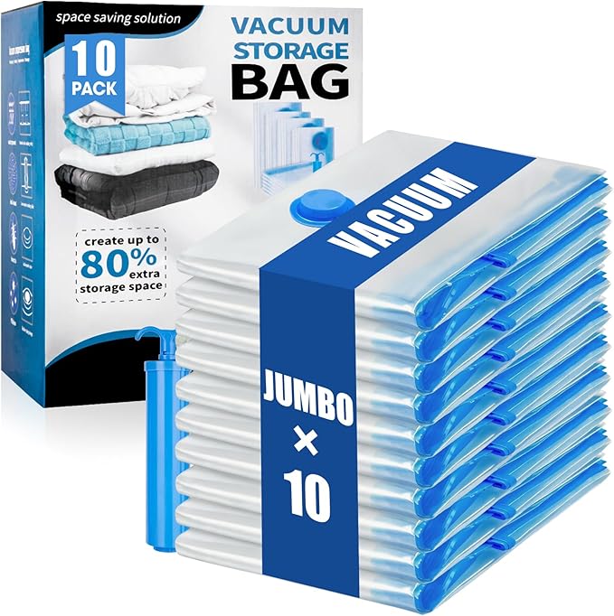 10 Jumbo Vacuum Storage Bags, Vacuum Seal Bags for Clothing Space Saver Compression Storage Bag with Hand Pump Extra Large for Clothing Travel Comforters Blankets Pillow Bedding Duvets Clothes