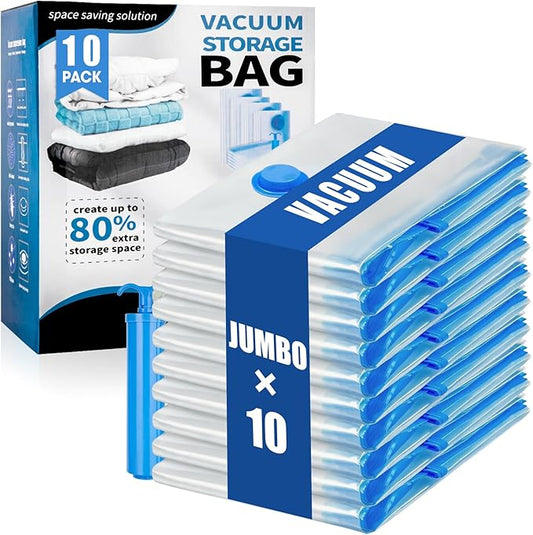 10 Jumbo Vacuum Storage Bags, Vacuum Seal Bags for Clothing Space Saver Compression Storage Bag with Hand Pump Extra Large for Clothing Travel Comforters Blankets Pillow Bedding Duvets Clothes