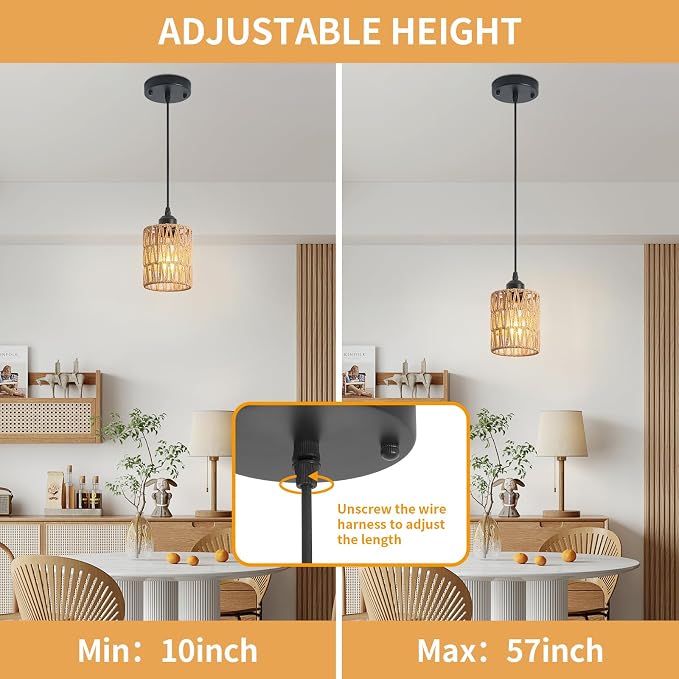 Boho Rattan Pendant Light for Kitchen Island Round Hanging Lamp | Handwoven Rattan Shade Adjustable Height 10-57 Inch E26 Base Farmhouse Chandeliers for Kitchen Islands And Dining Rooms