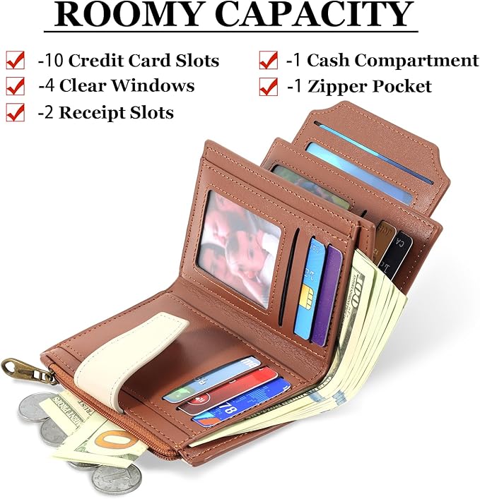 Airkit Small Wallet Women RFID Blocking Soft Leather Bifold Compact Card Holder Wallet for Women with Zipper Coin Pocket 4 ID Window
