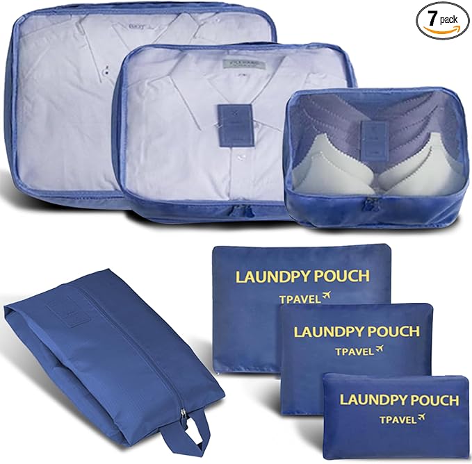 INVODA 7 piece Multi-size Packing Cubes for Travel Suitcase Organizer Bags Lightweight Travel Bags (Navy Blue)
