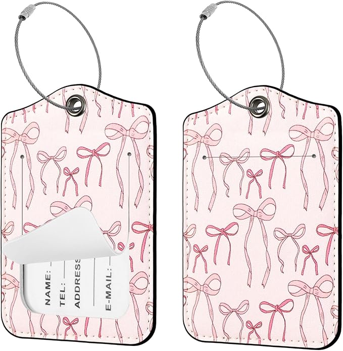 Seorsok 2Pcs Luggage Travel Tags for Suitcases,Cute Ribbon Bow PU Leather Name Tag with Privacy Cover&ID Label Address Card and Durable Metal Ring Suitable for Men Women Handbags Backpack,Pink