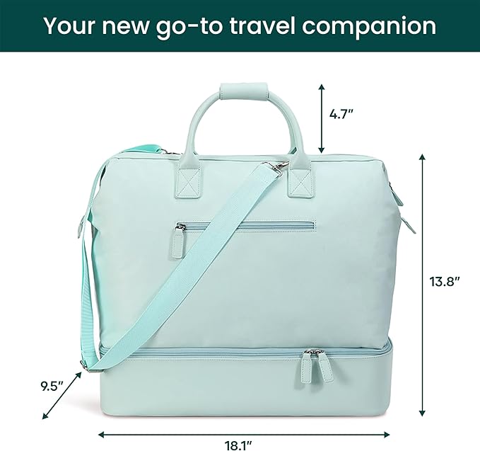 Nobl Travel Weekender Bag for Women & Men, Large Duffel Carry-On Tote with Trolley Sleeve, Separate Shoe Compartment & Laptop Pocket, Leather Overnight Bag for Airplane, Gym, Road Trips - Powder Blue