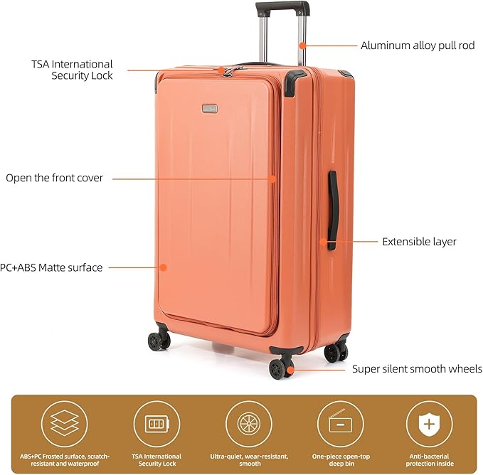 29 Inch Luggage, Top Opening Airline Approved ABS+PC Hard Shell Suitcases with Silent Wheels, TSA Lock,Front Pocket and Wet-dry Separated Six-piece Set (AD Orange, 29 Inch)