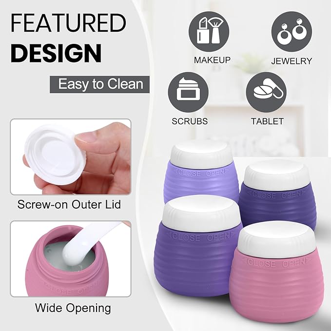 Travel Bottles for Toiletries 8 Pack, TSA Approved Travel Size Toiletries Containers Set, 4 Silicone Leak Proof Refillable Bottles and 4 Creams Jars Accessories Kit W/Clear Bag (PURPLE)