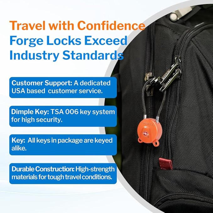 Forge TSA Approved Luggage Locks Ultra-Secure Dimple Key Cable Locks for Travel with Zinc Alloy Body- 2 Orange Locks