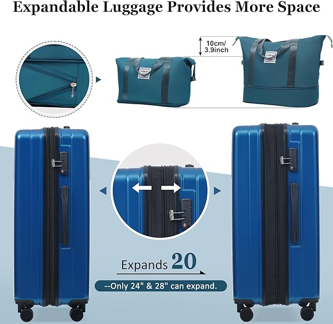 Merax Luggage Sets 5 Piece with Half-opening, Hardside 20" Carry On Suitcase Set with USB Port,Lightweight Travel 24" 28" Luggage with Bags TSA Locks Double Spinner Wheels,Blue