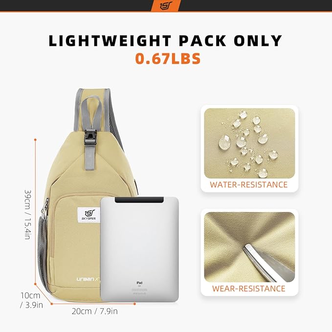 SKYSPER Sling Bag RFID Crossbody Sling Backpack Cross Body Shoulder Bag Travel Hiking Daypack for Women Men(Khaki)