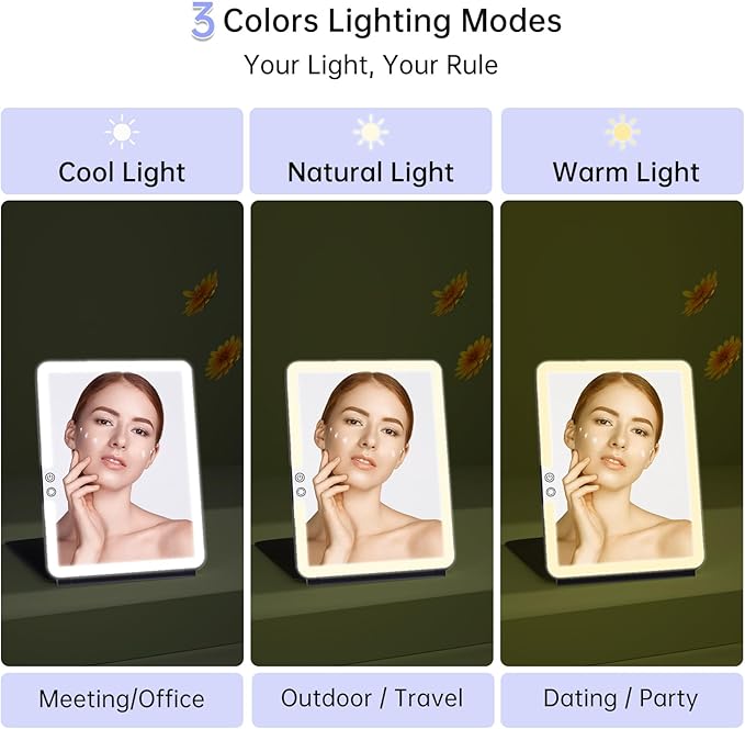 FUNTOUCH 10x7.5 Portable Large Travel Makeup Mirror with Light, 2500mAh Rechargeable Lighted Travel Makeup Mirrors with 3 Color Lights, Dimmable Folding Light Up Make up Mirror with Small 10x Mirror