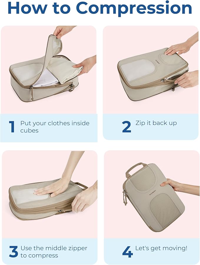 BAGSMART Compression Packing Cubes, 6 Set Packing Cubes for Suitcases, Lightweight Suitcases Organizers Bag Set & Compression Travel Cubes, Travel Essentials Packing Organizers