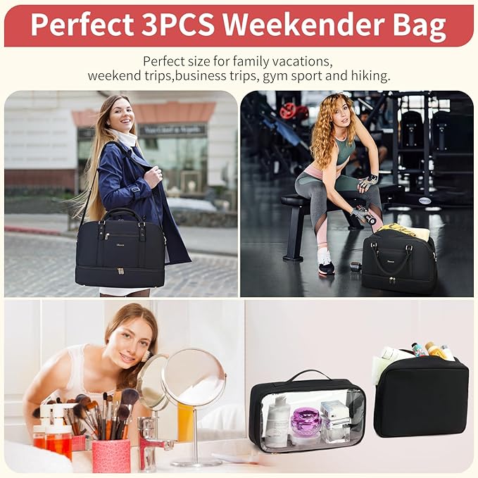 Wogarl Weekender Bags for Women Large Overnight Bag Weekend Travel Duffel Bag Carry on Shoulder with Shoe Compartment Toiletry Bag for Travel Business Gym