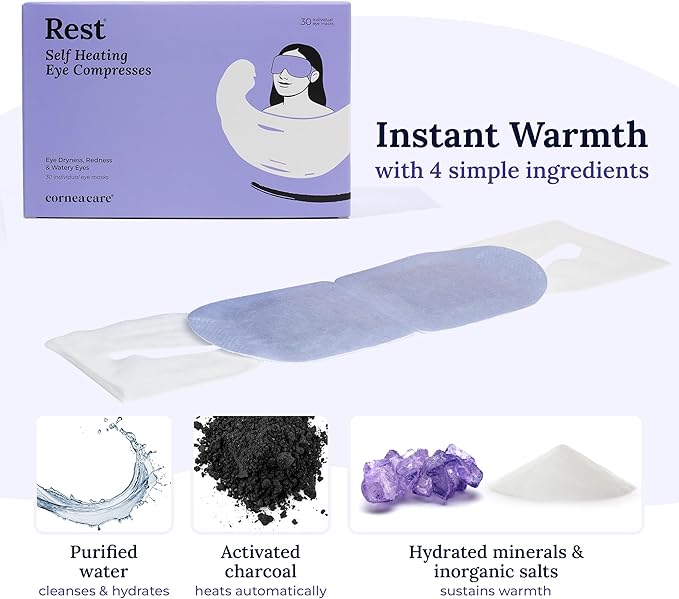 CorneaCare Rest: Self Heating Warm Compress for Dry Eyes | Heated Eye Mask for Fast Relief | Steam Mask for Stye Treatment | No Microwave or Washcloth Needed | Travel Ready Warm Compress | 30 Count