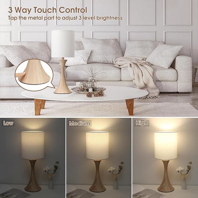 Dimmable Wood Grain Metal Table Lamp, 3 Way Touch Lamp with White Shade | Farmhouse Small Desk Lamp, Modern Nightstand Bedside Lamp for Living Room, Bedroom, Dorm, Office, 3000K LED Bulb Included