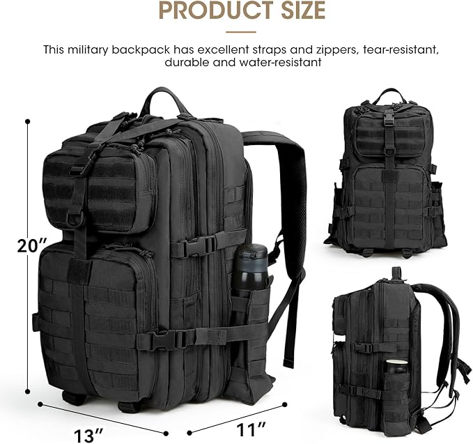 REEWBOW GEAR 40L Military Tactical Backpack For Men 3 Day Survival Heavy Duty Daypack MOLLE Bug Out Bag Hiking Rucksack (Black with Bottle Holder)