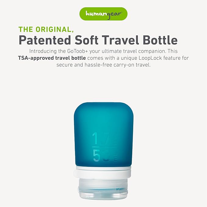 humangear GoToob+ (Small) | Refillable Silicone Travel Bottle | Locking Lid | Food-Safe Material | Teal, Small (1.7 fl.oz; 53ml)