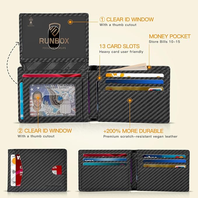 RUNBOX Wallet for Men Slim Rfid Leather 2 ID Window With Gift Box | Slim, Rfid, 2 ID Window, With Gift Box, Slim, Rfid