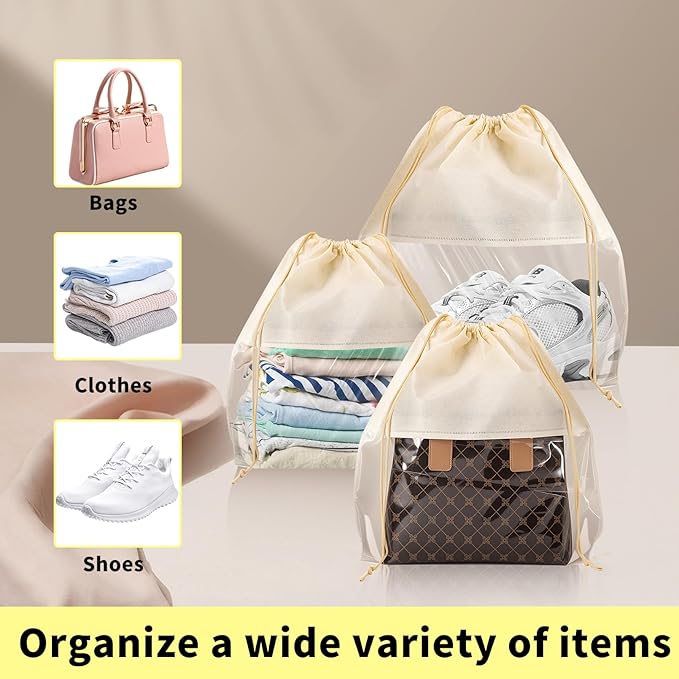 12 Pcs Shoe Bags for Travel, Dust Bags for Handbags, Dustproof Drawstring Bags in 4 Size, Breathable Non Woven Fabric Storage Bag for Handbags Shoes Purses, Beige
