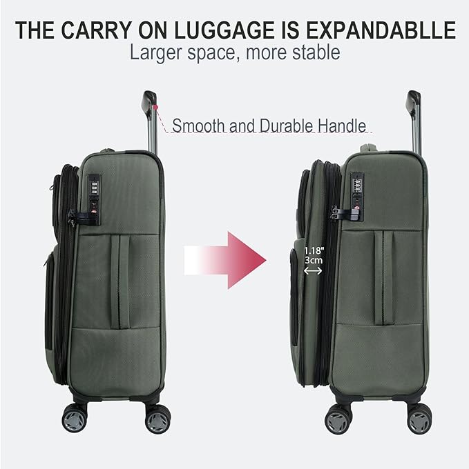 KROSER Softside Expandable Carry On Luggage with Front Business Pockets，20 Inch Suitcases with Spinner Wheels & Built-in TSA Lock, Durable Suitcase Rolling Luggage with USB Port, Army Green