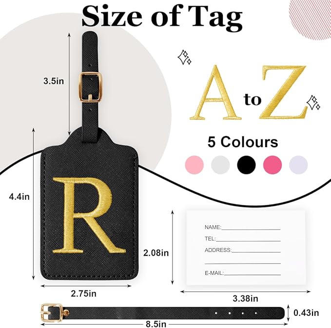 Personalized Initial Luggage Tags for Suitcases,Leather Letter Cute Luggage Tags with Privacy Name Card,Embroidered Monogrammed Travel Bag Backpack Tag Gifts for Women Kids Girls Teens(Black-R)