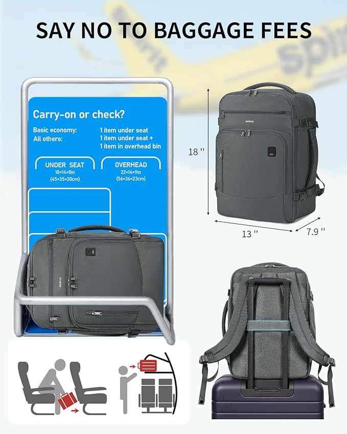 ECOHUB Travel Backpack for Men, 18x14x8 Spirit Airlines Personal Item Bag with Clear Toiletry Bag, Laptop Carry on Backpack with USB Port, Airline Approved Under Seat 14 Pockets 30L, Grey