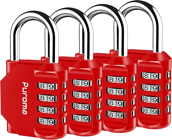 Puroma 4 Pack Combination Lock for Locker 4 Digit Outdoor Waterproof Padlock for School, Gym, Sports, Fence, Toolbox, Gate, Case, Outdoor, Hasp Storage, Cabinets (Red)