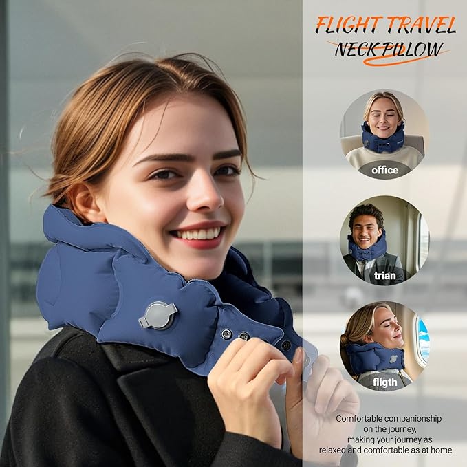 Inflatable Travel Pillow for Airplane, Inflatable Neck Pillow Airplane for Travel Office Nap Neck Support, Buy 1 Get 3 Professional Sleeping Eye Mask and Highly Silent-Navy Blue