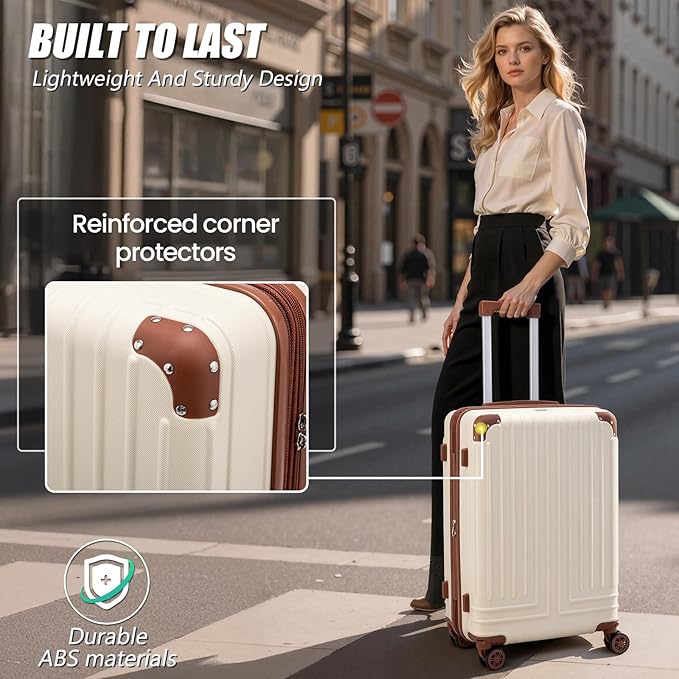 KUNEL Expandable 5 Piece Luggage Sets with Detachable Spinner Wheels and TSA Lock, Unisex Hardside ABS Suitcase Set, Hardshell Lightweight Waterproof Travel Hard Case Suitcases with Wheels, Beige