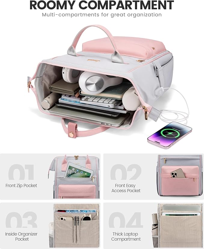 LOVEOVOOK 15.6 Inch Laptop Backpack for Women, Large Capacity Travel Backpack with USB Charging Port, Waterproof Work Backpack for Business, College, Nursing & Airline Travel,Pink&Gray